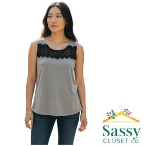 Cabi Black Sleeveless Tee Lace Detail Cotton Blend Stretch Top Size M EUC